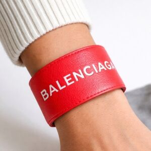 Balenciaga Red Calfskin White Logo Slap Bracelet